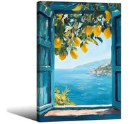 Framed Canvas Wall Art Posters Mediterranean Window View Coastal Lemon Tree Prints Blue Seascape Modern Nature Landscape Pictures for Bedroom Living Room Office Decor 16x24 In