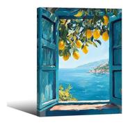 Framed Canvas Wall Art Posters Mediterranean Window View Coastal Lemon Tree Prints Blue Seascape Modern Nature Landscape Pictures for Bedroom Living Room Office Decor 12x16 In