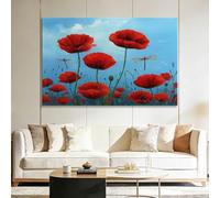 Framed Canvas Wall Art Red flowers dragonfly 90x60cm Modern Artwork 3D Print Pictures with Hook, Whimsical Walls Prints Decoration for Living Room Bedroom Kids Room
