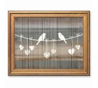 Framed Canvas Wall Art Rustic Farmhouse Birds on Clothesline Weathered Gray Wood Canvas Print Poster Gold Frame Wall Decor for Bedroom Living Room Country Art, Love Hearts - Inch 16x20