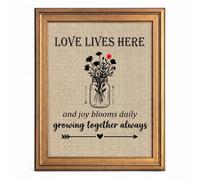 Framed Canvas Wall Art Rustic Farmhouse Love Lives Here Mason Jar Burlap Texture Tan and Black Canvas Print Poster Gold Frame Wall Decor for Living Room Home Decor, Country Signage - Inch 16x20