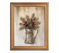 Framed Canvas Wall Art Rustic Pine Bough in Pitcher Cream Green and Red Canvas Print Poster Gold Frame Wall Decor for Living Room Winter Botanical Print, Holiday Art - Inch 24x36