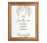 Framed Canvas Wall Art Scripture He Leads Me Beside Quiet Waters Willow Leaves Canvas Print Poster Gold Frame Wall Decor for Living Room Bedroom Christian Bible Verse, Religious Art - Inch 12x16