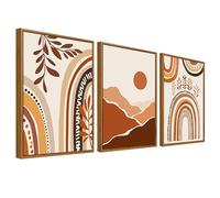Framed Canvas Wall Art Set of 3 Bohemian Brown Beige Painting Prints for Wall Poster Abstract Geometric Sun Mountains Pictures for Living Room Bedroom Hallway 30x40cm x3pcs (No Acrylic Glass)