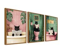 Framed Canvas Wall Art Set of 3 Funny Black Cat Painting Prints for Wall Poster Pink Green Plants Kitten Cat Bathing Pictures for Living Room Bedroom Hallway 40x60cm x3pcs (No Acrylic Glass)