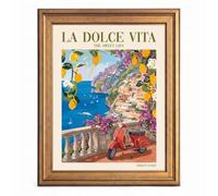 Framed Canvas Wall Art Vintage Positano Balcony Red Scooter and Bougainvillea Canvas Print Poster Gold Frame Wall Decor for Living Room Italy Poster, Amalfi Coast Art - Inch 8x10