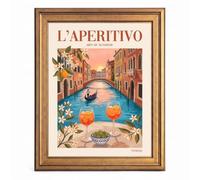 Framed Canvas Wall Art Vintage Venice Aperitivo Sunset Terracotta Spritz Cocktails Canvas Print Poster Gold Frame Wall Decor for Dining Room Italy Travel Art, Coastal Print - Inch 8x10