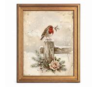 Framed Canvas Wall Art Vintage Winter Robin Bird Crimson and Beige Canvas Print Poster Gold Frame Wall Decor for Living Room Holiday Art, Bird Artwork - Inch 24x36