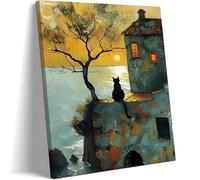 Framed Cat Watching Sunset Wall Art, Black Cat Silhouette Canvas Print Picture, Vintage Coastal Landscape Oil Painting Style, Cat Wall Decor for Living Room Bedroom 12x16 Inch