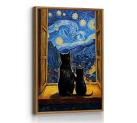 Framed Cavas Wall Art Van Gogh Starry Night With Cats Wall Pictures for Bedroom Walls Funny Animals Canvas Prints Vintage Cats Canva Painting Artwork Home Decor for Living Room Study Restroom 40X60cm