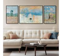 Framed Claude Monet Wall Art for Living Room, 3 Piece Extra Large Monet Canvas Wall Art, Impression Sunrise Artwork for Walls, Mid Century Pictures Prints for Bedroom Hallway Home Office Wall Decor