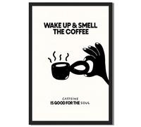 Framed Coffee Cup with Steam & Text Wake Up & Smell The Coffee Poster Canvas Print Minimalist Aesthetic Trendy Wall Art Decoration for Living Room, Kitchen, Office Wall Decor (Black Framed,24L X36W)