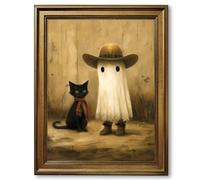 Framed Cowboy Ghost and Black Cat Poster Canvas Print Art, Vintage Rustic Wall Art, Cute Whimsical Painting Pictures, Wall Decor Art Print for Bedroom Home Decor (Retro Framed,16L X24W)