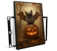 Framed Cute Bat on Jack-o’ Lantern Canvas Art Whimsical Halloween Décor with Glowing Pumpkin and Autumn Forest Indoor Decor for Home Offices Living Room Bedroom Dining Room