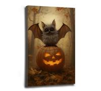 Framed Cute Bat on Jack-o’ Lantern Canvas Art Whimsical Halloween Décor with Glowing Pumpkin and Autumn Forest Indoor Decor for Home Offices Living Room Bedroom Dining Room