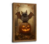 Framed Cute Bat on Jack-o’ Lantern Canvas Art Whimsical Halloween Décor with Glowing Pumpkin and Autumn Forest Indoor Decor for Home Offices Living Room Bedroom Dining Room