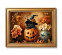 Framed Cute Black Cat in Pumpkin Witch Hat Halloween Autumn Poster Canvas Print Art Vintage Rustic Wall Art Painting Pictures Wall Decor Whimsical Art Print Home Decor (Retro Framed,24" Lx36 W)