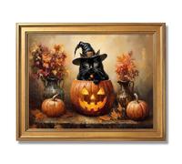 Framed Cute Black Cat in Pumpkin with Witch Hat Halloween Poster Canvas Print Art Vintage Rustic Wall Art Painting Pictures Wall Decor Whimsical Art Print Home Decor (Retro Framed,16" Lx24 W)
