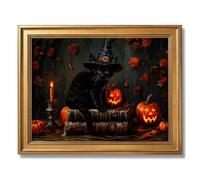 Framed Cute Black Cat in Witch Hat with Pumpkin Candles Poster Canvas Print Art Vintage Rustic Gothic Wall Art Painting Pictures Wall Decor Whimsical Home Decor (Retro Framed,24" Lx36 W)