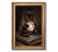 Framed Cute Black Cat Wizard with Crystal Ball Poster Canvas Print Art, Vintage Gothic Wall Art, Painting, Pictures,Wall Decor,Art Print,Whimsical Home Decor for Bedroom (Retro Framed,12L X16W)