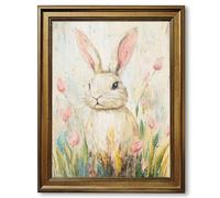 Framed Cute Bunny with Pink Tulips Poster Canvas Wall Art for Spring Easter Decoration Whimsical Art Print Painting Pictures Wall Decor Living Room Bedroom Apartment (Retro Framed,16L X24W)