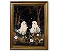 Framed Cute Forest Ghost Poster Canvas Print Art, Whimsical Boho Wall Art Painting, Minimalist Aesthetic Pictures Wall Decor for Bedroom Living Room Home Decor (Retro Framed,16L X24W)