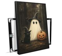 Framed Cute Ghost and Black Cat in Dark Forest Print, Vintage Halloween Wall Art, Dark Academia Indoor Decor for Home Offices Living Room Bedroom Dining Room 30x40cm-Black-Metal-Framed