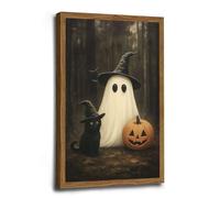 Framed Cute Ghost and Black Cat in Dark Forest Print, Vintage Halloween Wall Art, Dark Academia Indoor Decor for Home Offices Living Room Bedroom Dining Room 30x40cm-Wood-Framed