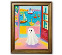 Framed Cute Ghost at Sea Poster Canvas Print Art, Whimsical Modern Wall Art Painting, Colorful Coastal Wall Decor, Funky Art Print for Living Room Home Decor (Retro Framed,16L X24W)