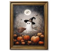 Framed Cute Ghost with Witch Hat and Broom Pumpkin Poster Canvas Print Art, Gothic Whimsical Painting, Wall Art, Pictures, Wall Decor, Art Print for Bedroom Home Decor (Retro Framed,24L X36W)