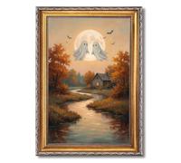 Framed Cute Ghosts Full Moon Fall Landscape Poster Canvas Print Art, Whimsical Vintage Wall Art Painting Pictures Wall Decor for Living Room Bedroom Home Decor (Retro Framed,12L X16W)