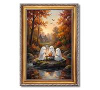 Framed Cute Ghosts Having Tea Party Autumn Forest Poster, Canvas Print Art, Vintage Rustic Wall Art, Painting, Pictures, Wall Decor, Art Print, Whimsical, Home Decor (Retro Framed,24L X36W)