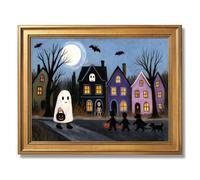 Framed Cute Halloween Ghost Pumpkin Village Poster Canvas Print Art Vintage Gothic Wall Art Painting Pictures Wall Decor Whimsical Home Decor for Living Room Bedroom (Retro Framed,12" Lx16 W)