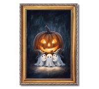 Framed Cute Little Ghosts Pumpkin Poster Canvas Print Art, Whimsical Wall Art, Painting, Pictures, Wall Decor, Gothic Aesthetic, Home Decor for Living Room (Retro Framed,12L X16W)