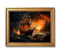 Framed Dramatic Ship Sailing at Sunset Poster Canvas Print Art Vintage Rustic Wall Art Painting Pictures Wall Decor Stunning Art Print Home Decor for Living Room Office (Retro Framed,24" Lx36 W)