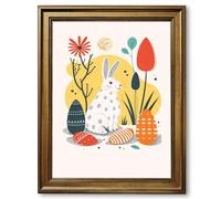 Framed Easter Bunny Poster Canvas Print Art Cute Whimsical Poster Painting Prints Minimalist Aesthetic Art Print for Living Room Home Decor Decoration Wall Decor (Retro Framed,12" Lx16 W)