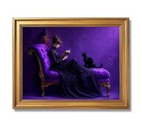 Framed Elegant Victorian Woman Reading With Black Cat Poster, Canvas Print Art, Gothic Vintage Style, Wall Art, Painting, Pictures, Art Print, Stunning, Whimsical (Retro Framed,16L X24W)
