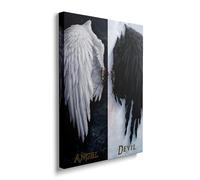 Framed Fantasy Black And White Angel VS Devil Canvas Wall Art Fallen Angel Wings Feather Decor Posters For Living Room Bathroom Home Office Artwork Gift Ready To Hang (12x16 Inches)