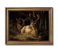 Framed Forest Deer Scene Poster Canvas Print Vintage Rustic Painting Pictures Wall Art for Living Room Bedroom Decoration Exquisite Wall Decor (Retro Framed,16L X24W)