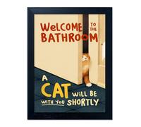 Framed Funny Bathroom Wall Art Welcome to the Bathroom A cat Will be With You Shortly Cat Lover Canvas Print Poster Modern Home Decor