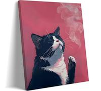 Framed Funny Black Cat Wall Art Canvas Print, pink Cool Cat Illustration Poster Wall Decor, Quirky Modern Cat Artwork for Living Room Bedroom Bathroom Kitchen Decor 12x16 Inch