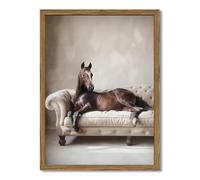 Framed Funny Horse Canvas Wall Art, Vintage Western Brown Horse On Sofa Pictures Wall Decor, Rustic Farmhouse Animal Paintings Prints for Living Room Bedroom Office Dorm 16x24 inch