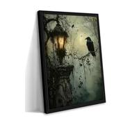 Framed Gothic Lantern Canvas Wall Art, Dark Fantasy Raven Vine Artwork with Misty Night Scene, Mysterious Gothic Wall Decor for Living Room Bedroom Home Decor - Black Wooden Frame 12x16in