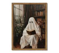 Framed Halloween Ghost Reading Book Canvas Wall Art, Vintage Dark Academia Horror Ghost Pictures Wall Decor Paintings, Gothic Moody Spooky Library Prints for Living Room Bedroom Office Dorm 12x16 inch