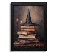 Framed Halloween Wall Art Witch Hat and Spell Books Pictures Painting Dark Academia Gothic Wall Decor for Bedroom Living Room Office Spooky Goth Apartment Dorm Home Decoration 16x24in