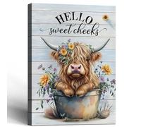 Framed Highland Cow Canvas Wall Art Country Bathroom Poster Hello Sweet Cheeks Print Cow Baby Painting Gallery Fun Farmhouse Picture Decor 16x24 Inch Ready to Hang