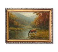 Framed Horse by River Poster Canvas Print Art, Rustic Wall Art, Painting, Pictures, Wall Decor, Farmhouse Art Print, Elegant Home Decor, Decoration for Living Room Apartment (Retro Framed,24L x36W)