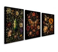 Framed Insect Canvas Wall Art Set of 3, 12 x 16 Inch Dark Floral Prints | Three pine-framed insect and floral canvas prints with HD moisture-resistant artwork and two hanging options.