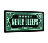 Framed Inspirational Office Wall Art, Money Posters Green 100 Dollar Artwork Money Never Sleeps Quote Wall Decor Motivational Picture for Modern Home Workplace Decorations - 32 x 16 in