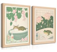 Framed Japanese Bathroom Canvas Wall Art Tabby Cat Frog in Bathtub Picture Japanese Forg Bathroom Decor, Japan Art Print, Aesthetic Wall Art, Neutral Minimalist Poster (12" W*16" H*2piece)